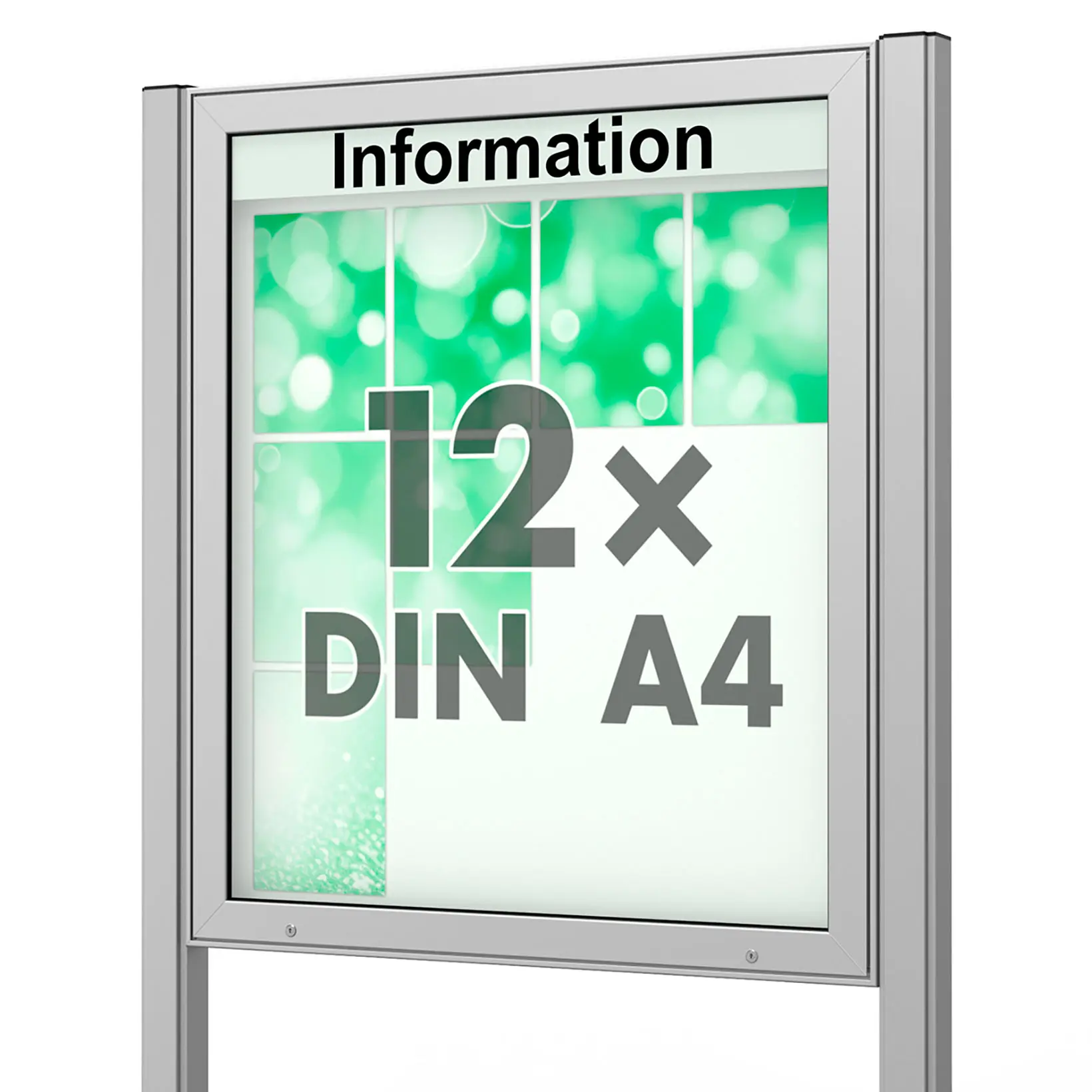 12 x DIN A4 Schaukasten Plenum eckig - der "Klassiker" - 65mm Bautiefe - mit Ständern und optionaler LED-Beleuchtung